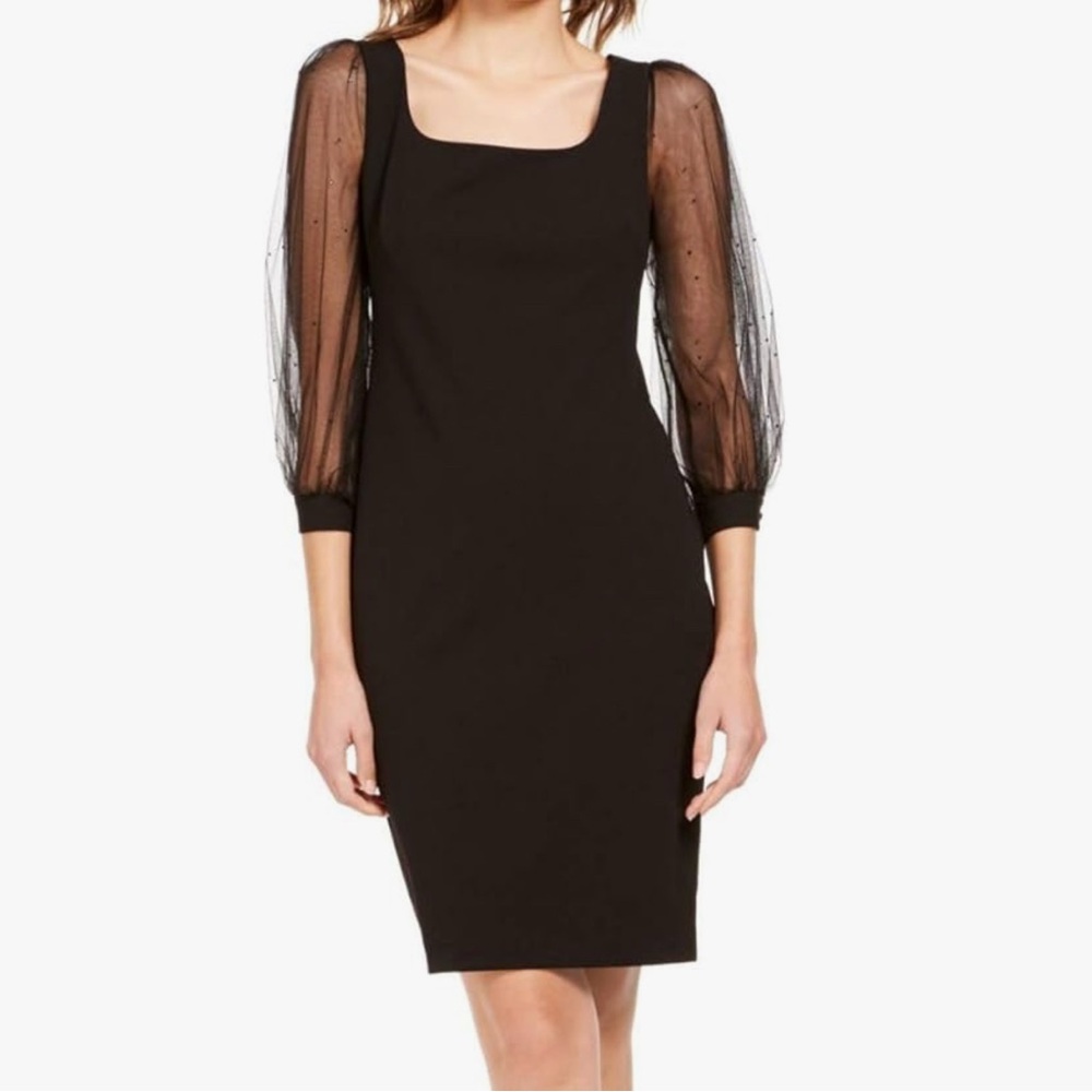 NWT Calvin Klein Black Sheath Dress with Bishop Sleeves and Square Neck